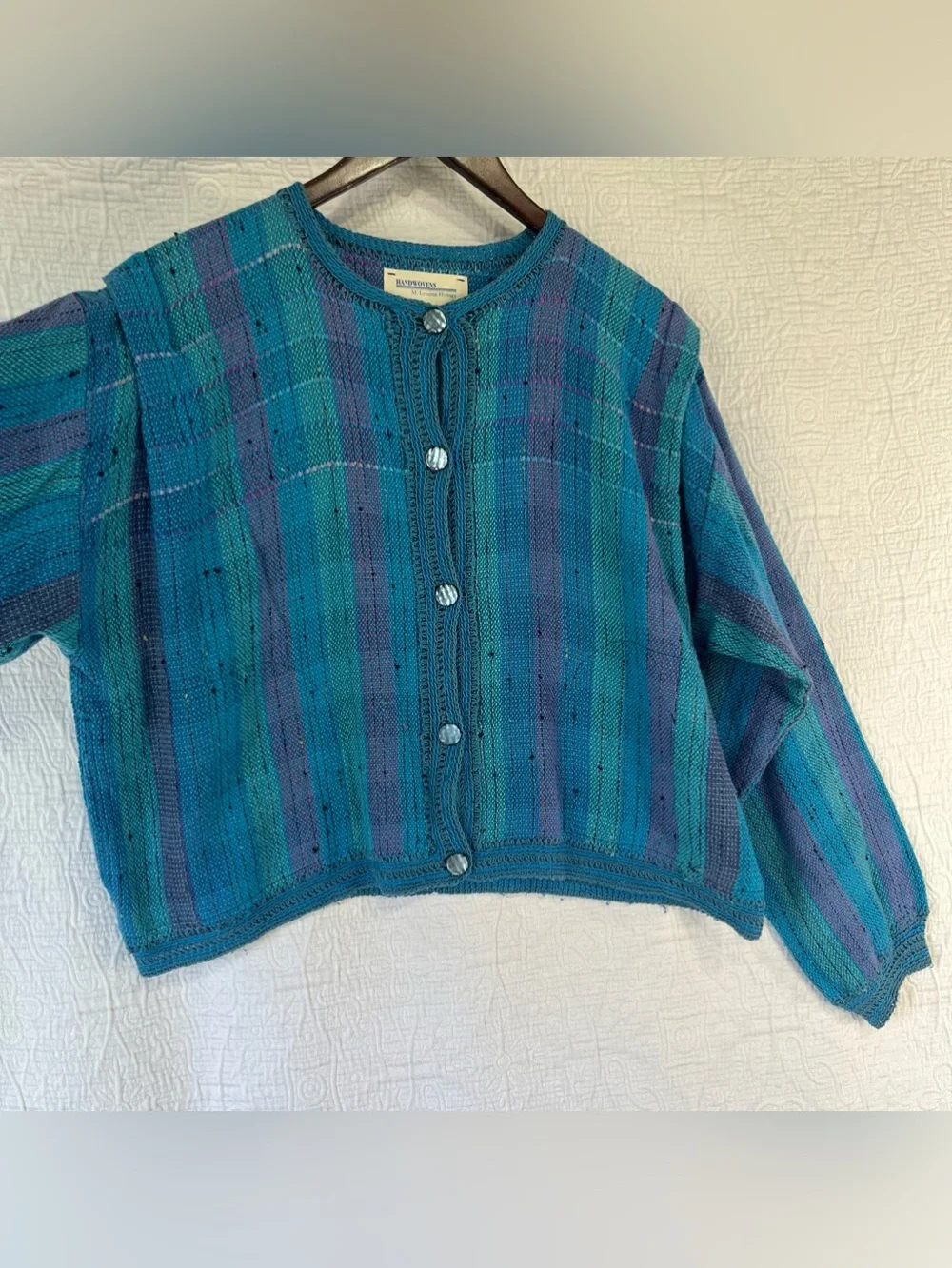 Vintage Handwoven Cardigan Sweater by M Lynette Holmes Handmade Cotton Tweed L